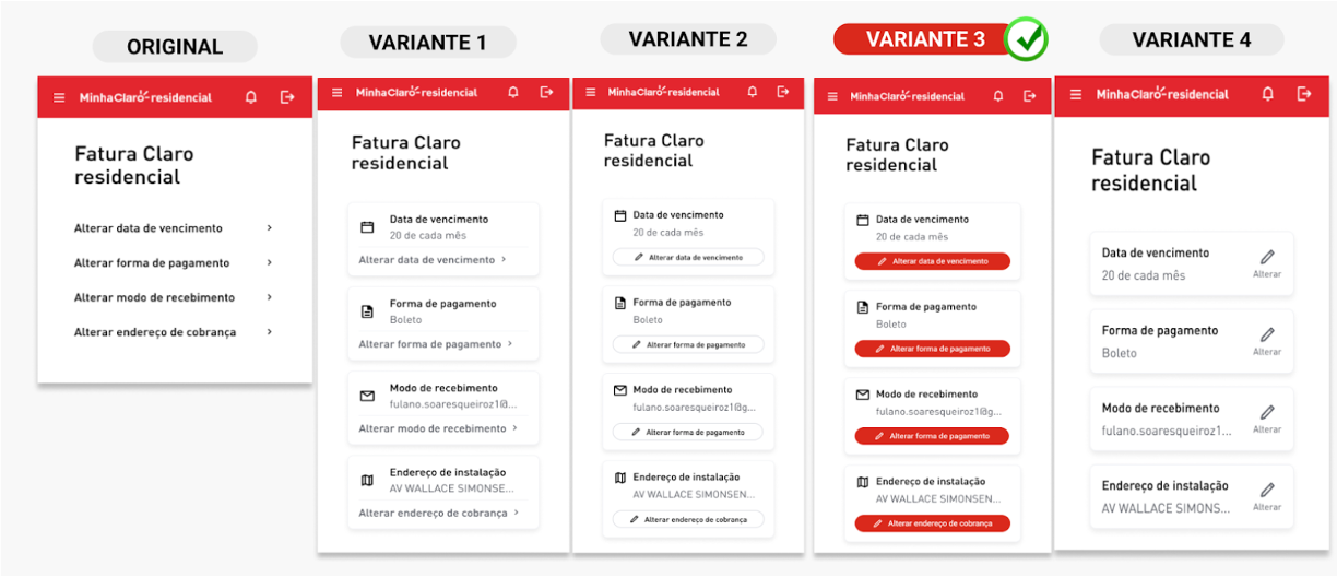 Case Claro – Otimização da Experiência de Fatura da Claro Residencial no Mobile - original e variantes